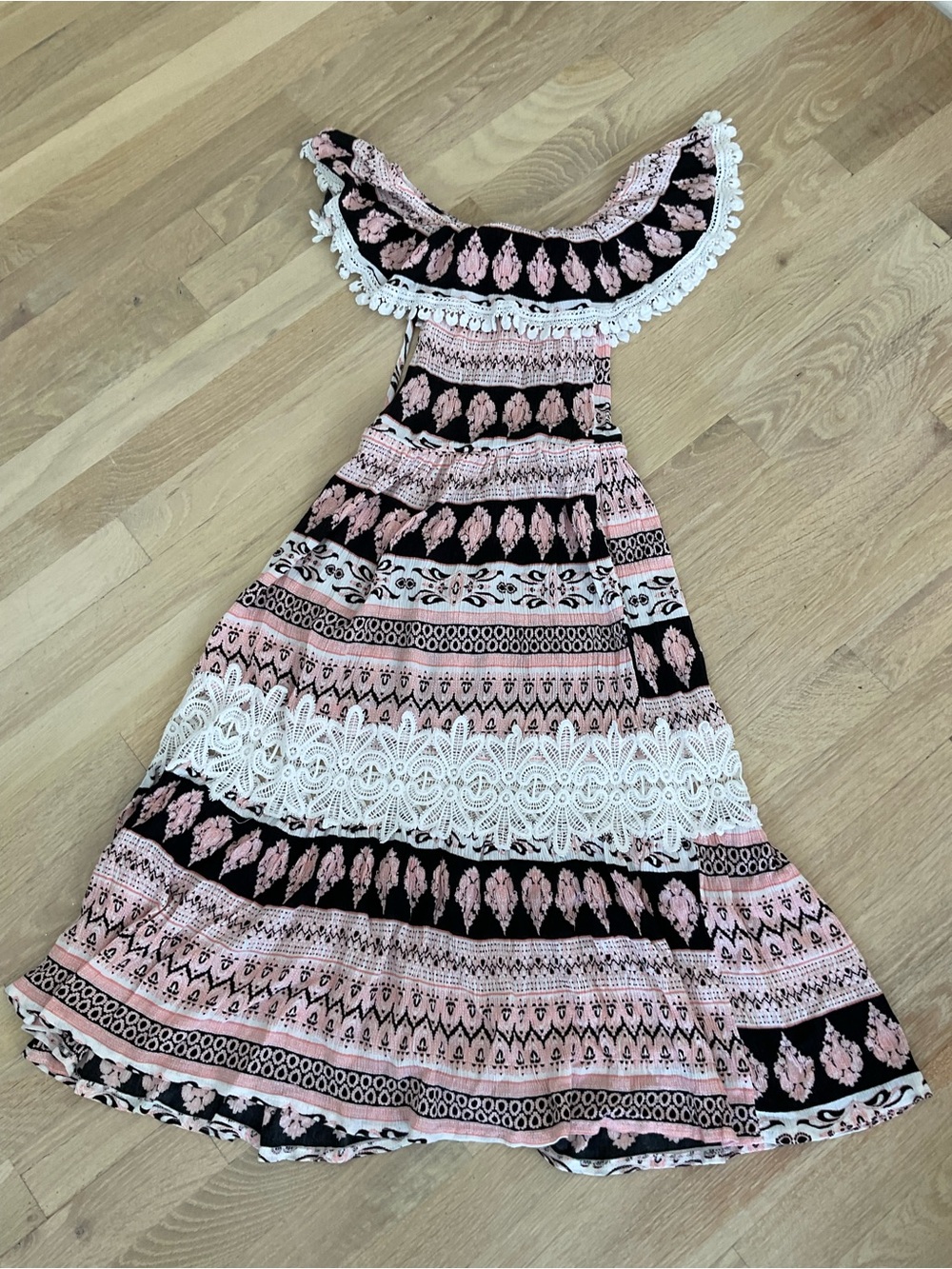 MIA Girls Pink and Black Boho Tiered Maxi Dress with Lace Trim
